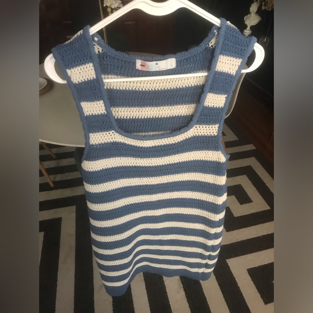 Free People Beach Cotton Blend Striped Knit Tank Dress Blue & Cream Large - Picture 5 of 10